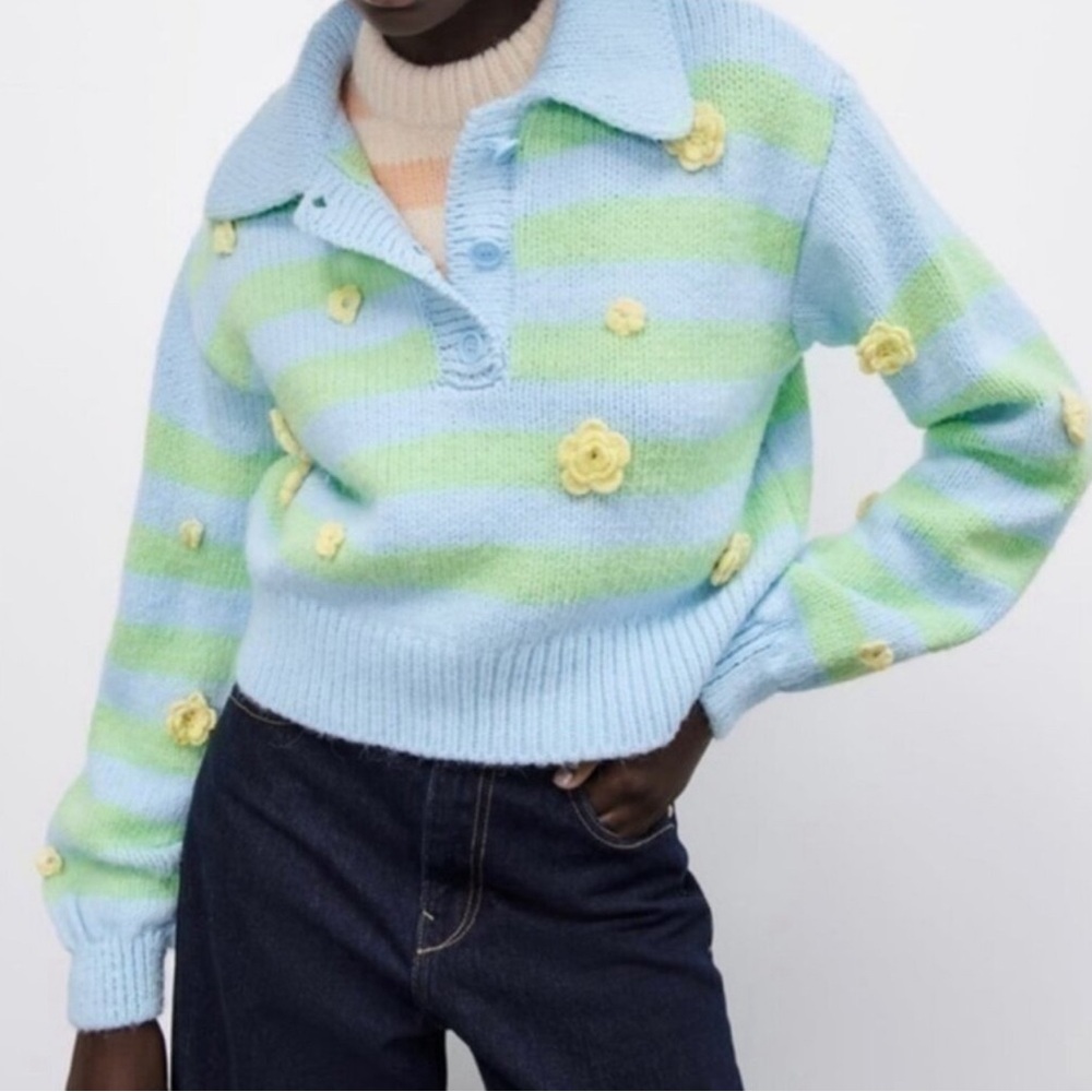 Zara Blue and Green Striped Sweater with Yellow Floral Details